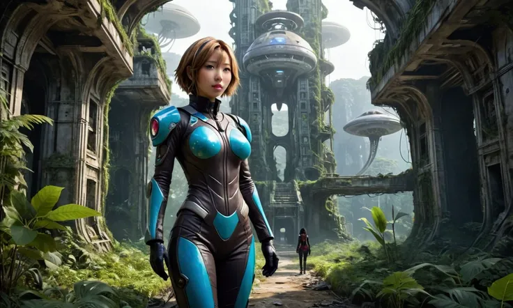 cute yuna (age 25, sexy sci fi explorer suit) she is exploring an abandoned alien city overgrown by the jungle, city of the vampire lesbians, sculptures, ruins