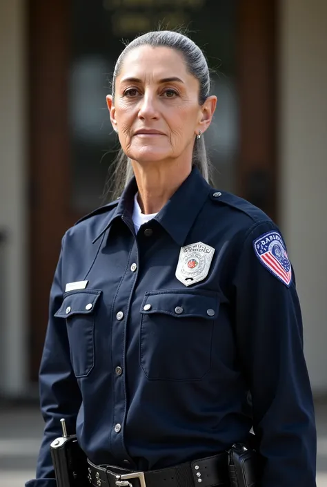 In this scene, a 60-year-old woman stands tall and composed, dressed in a dark blue police uniform. Her silver hair is pulled back into a tight bun, highlighting her sharp features and the sense of authority that comes with decades of service. A badge glea...