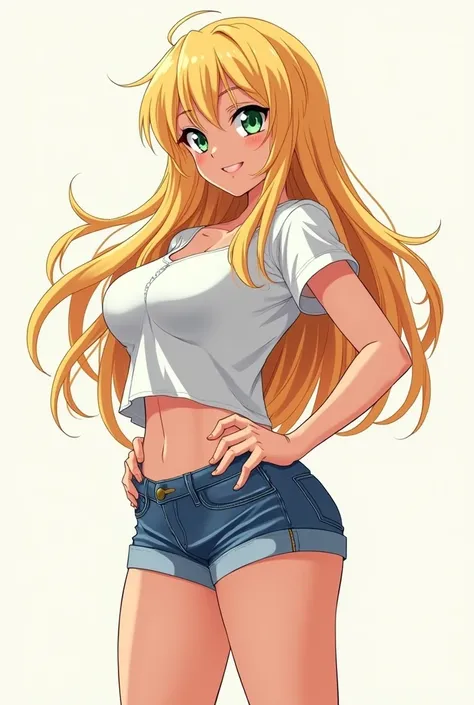 Blonde woman, long hair, avec un short tres court en jean, un T-shirt large, with huge buttocks, huge boobs, Japanese drawing graphics