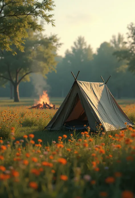 take a photo of a camping tent in the middle of nature, lonely bride, open field, flores, a fire almost extinguished, many details, ultra realistic, warm colors, 4K, sombrio