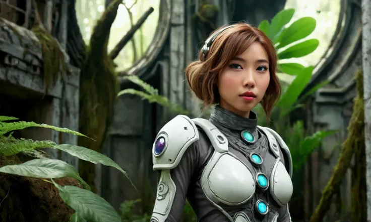 a cute yuna, age 25, wearing a sexy sci-fi explorer suit, exploring an abandoned alien city overgrown by the jungle, city of the vampire lesbians, detailed sculptures, detailed ruins, detailed environment, beautiful detailed eyes, beautiful detailed lips, ...