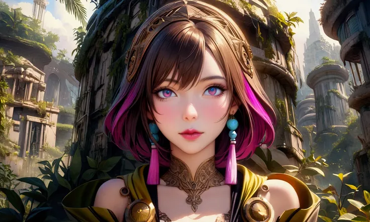 a cute yuna, age 25, wearing a sexy sci-fi explorer suit, exploring an abandoned alien city overgrown by the jungle, city of the vampire lesbians, detailed sculptures, detailed ruins, detailed environment, beautiful detailed eyes, beautiful detailed lips, ...