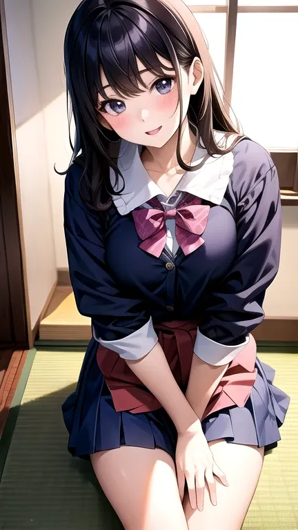 Sitting on the floor wearing a bow tie、Cute school girl、Japanese schoolgirl in uniform、Japanese School Uniformを着ている、超Realistic school girl、Japanese School Uniform、超Realistic school girl、Young beautiful gravure idol、Wearing school uniform、Realistic young gr...