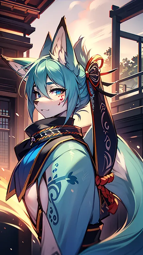 Miku Hatsune , add high definition_Detail:1, blue fur,kitsune ears, Japanese tattoo art add_Detail:1, arms in the air, Add Japanese Samurai Costume_Detail:1, Glowing body, Shinobi girl