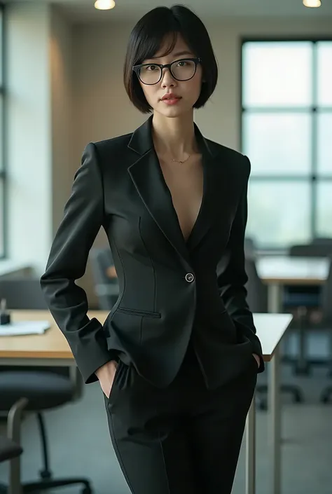 Japanese short-haired office lady wearing tight  sexy suits and glasses in full body photo 