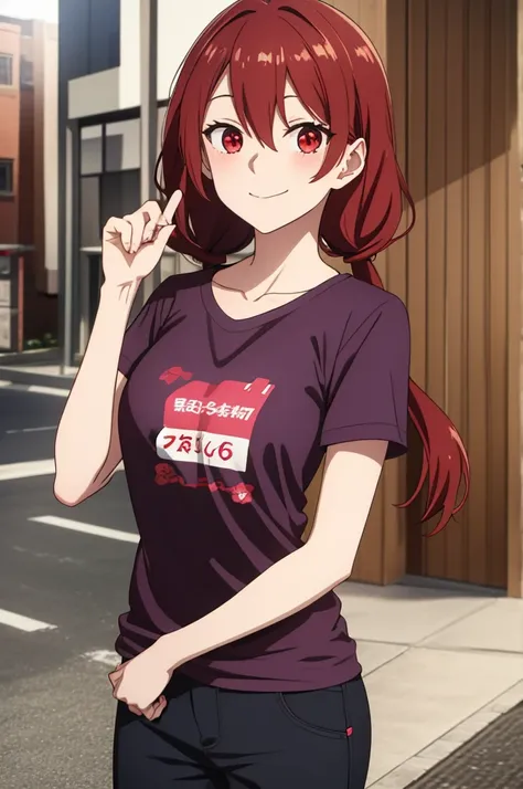 score 9, score 8 up, score 7 up, AkaneSakurada, 1girl, solo, long hair, red eyes, low twintails, red hair, purple t shirt, pink pants, short sleeves, smile, shiny skin, blush, double v, mouth open, pose, collarbone, safe, source_anime, best quality, master...