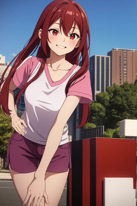 score 9, score 8 up, score 7 up, AkaneSakurada, 1girl, solo, long hair, red eyes, low twintails, red hair, purple t shirt, pink pants, short sleeves, smile, shiny skin, blush, double v, mouth open, pose, collarbone, safe, source_anime, best quality, master...