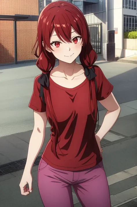 score 9, score 8 up, score 7 up, AkaneSakurada, 1girl, solo, long hair, red eyes, low twintails, red hair, purple t shirt, pink pants, short sleeves, smile, shiny skin, blush, double v, mouth open, pose, collarbone, safe, source_anime, best quality, master...