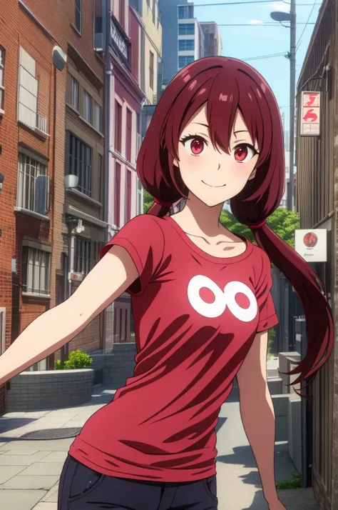 score 9, score 8 up, score 7 up, AkaneSakurada, 1girl, solo, long hair, red eyes, low twintails, red hair, purple t shirt, pink pants, short sleeves, smile, shiny skin, blush, double v, mouth open, pose, collarbone, safe, source_anime, best quality, master...