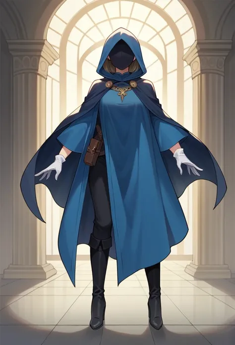 , 1girl, female, solo, dark blue cape, sleeves covered hands, no hands, cape covered body, long cape, blue cloak, hood up, blue robe, mask covered face, white gloves, hooded cloak, masterpiece, best quality, standing, room, black heels boots