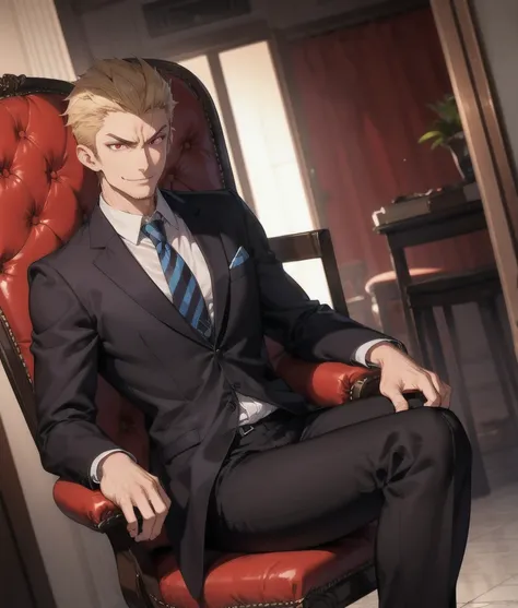 tall angry man in a suit, sit on a chair, pants bulge, low angle shot,wicked smile,, red eyes, focus on the bulge, highly detail...