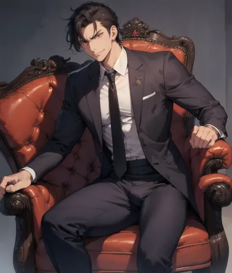 tall angry man in a suit, sit on a chair, pants bulge, low angle shot,wicked smile,, red eyes, focus on the bulge, highly detail...