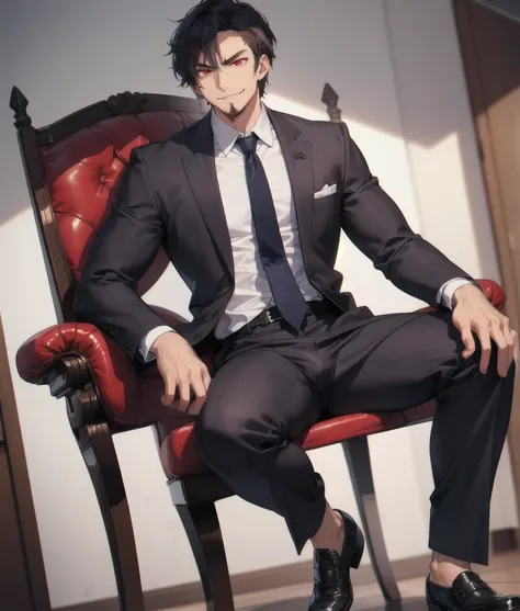 tall angry man in a suit, sit on a chair, pants bulge, low angle shot,wicked smile,, red eyes, focus on the bulge, highly detail...