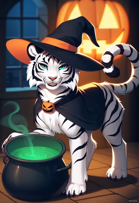 score_9, score_8_up, score_7_up, halloween, (((feral))), feral white tiger wearing a witch costume, cape, hat, headgear, solo, female,feral, fur,leaning his hands on the witchs cauldron,  raised tail, white tiger, seductive, looking at viewer, smiling, tai...