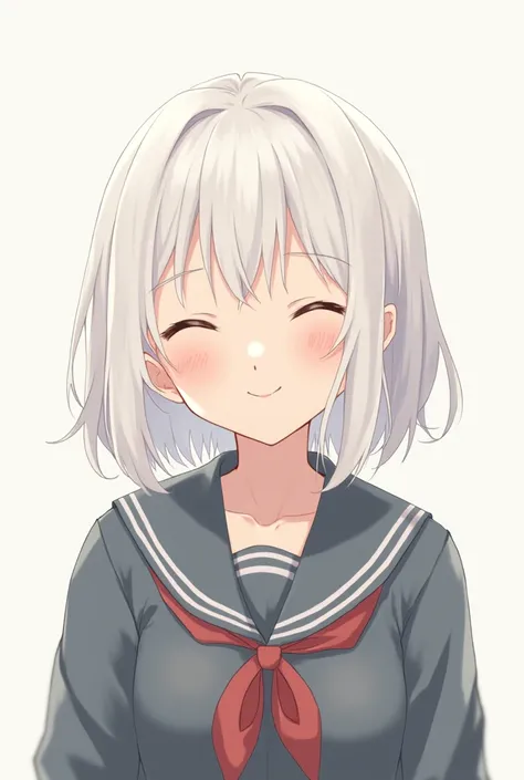 girl, white hair, School clothes, smiling kindly, smiles while closing his eyes, look at the camera 