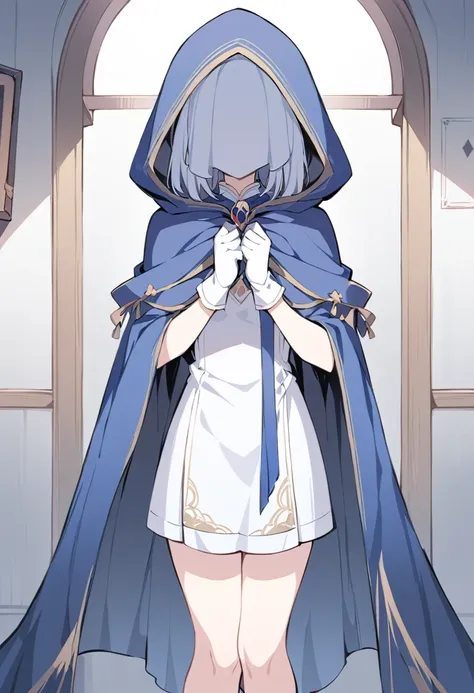 , 1girl, female, solo, dark blue cape, sleeves covered hands, no hands, cape covered body, long cape, blue cloak, hood up, blue robe, mask covered face, white gloves, hooded cloak, masterpiece, best quality, standing, room, black heels boots