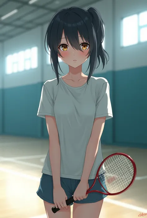 Short black hair，Wearing a ponytail，Brown and black eyes，Gives a cold feeling，Social phobia，girl，Wearing short-sleeved shirt and shorts，Two strands of hair curtain，唯美girl，动漫girl，Light，Inside the gymnasium，Submissive，The body is slender，badminton