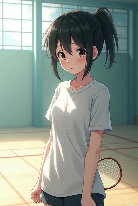 Short black hair，Wearing a ponytail，Brown and black eyes，Gives a cold feeling，Social phobia，girl，Wearing short-sleeved shirt and shorts，Two strands of hair curtain，唯美girl，动漫girl，Light，Inside the gymnasium，Submissive，The body is slender，badminton