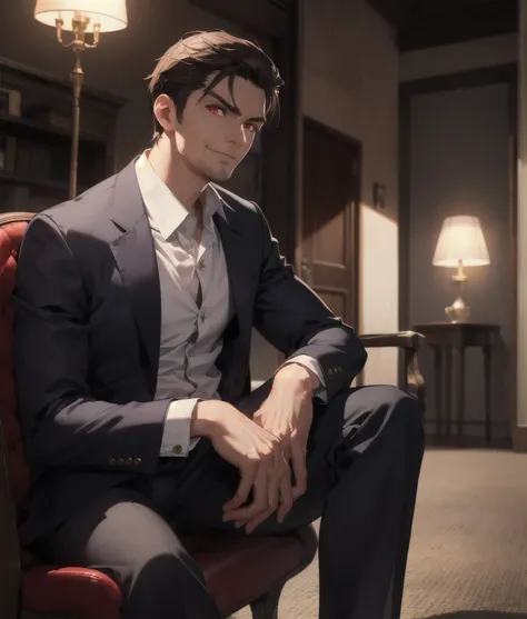 tall angry man in a suit, sit on a chair, pants bulge, low angle shot, cinematic dramatic lighting, realistic, 8k, high detail, ...