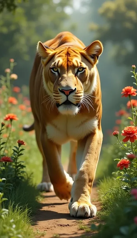 1 lioness , high resolution, high detail, better quality) walk through the garden 