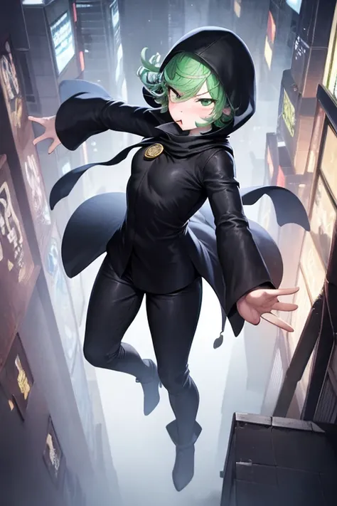 Masterpiece, best quality, ultra detailed, illustration, epic lighting, cinematic composition, 1 girl, Tatsumaki, short hair, green hair, very small breasts, green eyes, bright eyes, pout, blush, piercing gaze, full body, black scarf , mouth bandage, 1 scr...