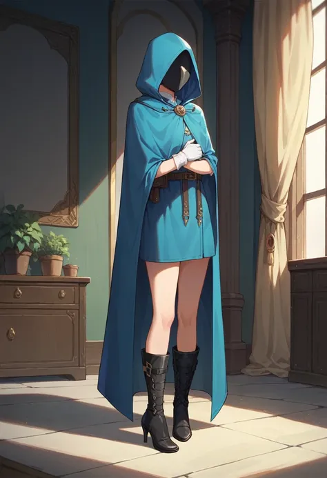 , 1girl, female, solo, cape covering full body, long blue cape and cloak, hood up,, mask covered face, white gloves,, masterpiece, best quality, standing, room, black heels boots