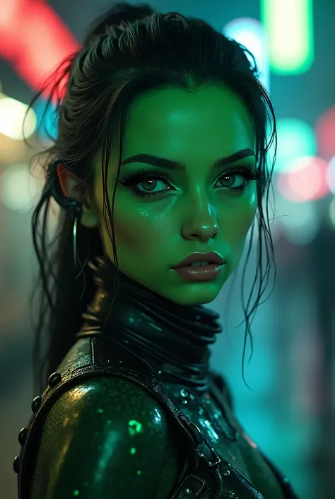 beautiful detailed eyes, beautiful detailed lips, extremely detailed eyes and face, long eyelashes, 1girl, green alien skin, futuristic scifi outfit, intricate cyberpunk armor, space vixen, cybernetic implants, glowing neon lights, hyper-detailed, highly r...