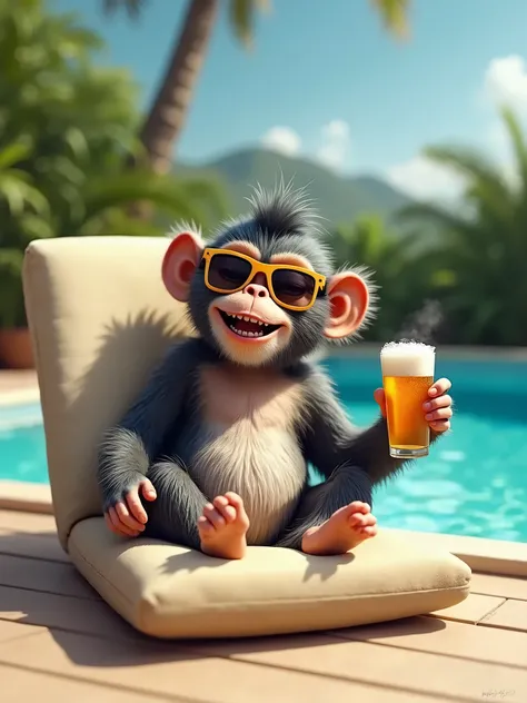 monkey sunbathing on bed by pool with sunglasses on holding a beer