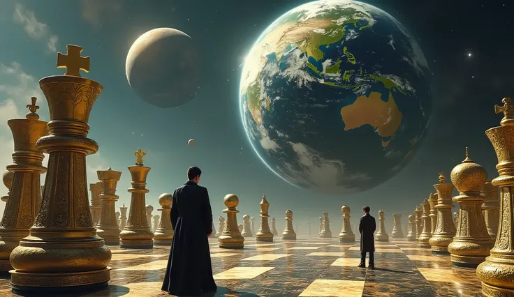 I want a photo of the.Planet Earth is covered in&#39;a format of&#39;chess with pieces&#39;Giant chess that spins at high speed in s&#39;approaching&#39;another similar planet and beings of&#39;Other planets await you and in the background you can see the ...