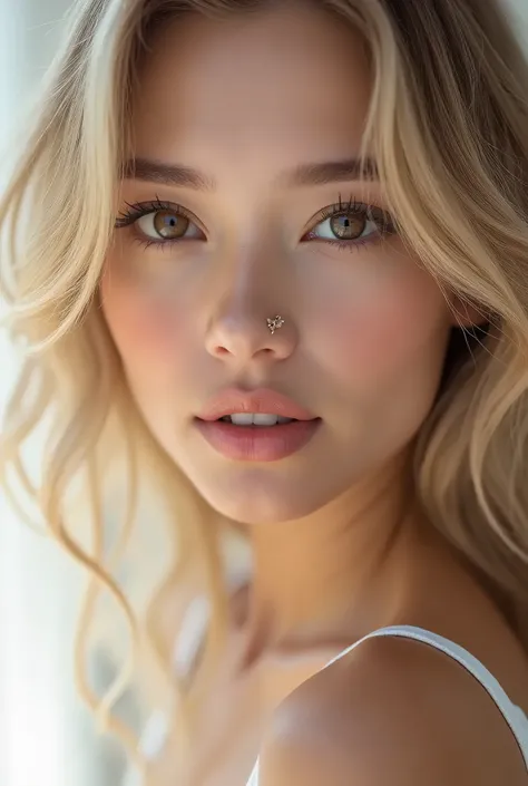 portrait of a beautiful sexy young women, facing camera, entire face and hair, white background, closed mouth with large lips, 20 years old, brown eyes, blonde hair, light makeup, perfect skin, studio lighting, photorealistic