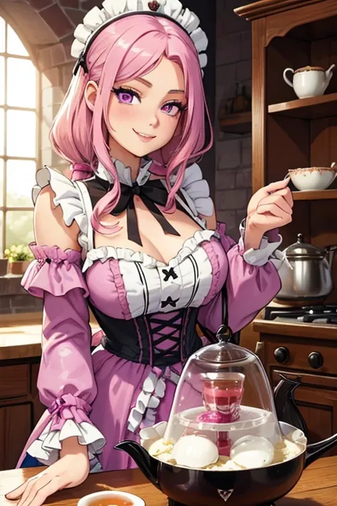 Perfect face. Perfect hands. A pink haired woman with violet eyes and an hourglass figure in a frilly Lolita dress is making tea in a Gothic kitchen with a big smile