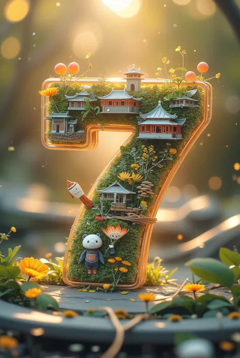 The numbers "7" and "5" are carefully drawn in 3D style with delicate golden lines. The number "7" is covered with distinctive buildings and flowers such as the Forbidden City, the Temple of Heaven,the Great Wall, and the beautiful peony flowers; while the...