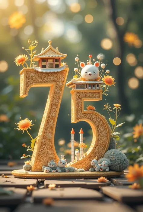 The numbers "7" and "5" are carefully drawn in 3D style with delicate golden lines. The number "7" is covered with distinctive buildings and flowers such as the Forbidden City, the Temple of Heaven,the Great Wall, and the beautiful peony flowers; while the...