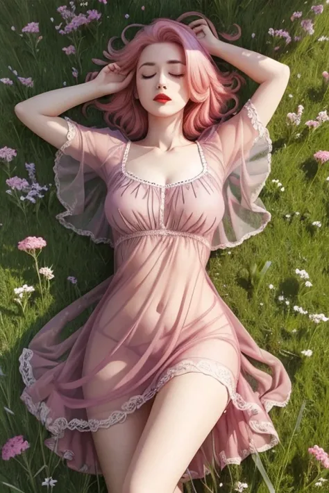 woman on a meadow, red lipstick, top view, transparent clothes, highly detailed, pink hair, ultra realistic, sleeping in the gra...