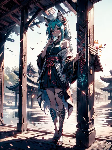 Miku Hatsune, add high definition_Detail:1, blue fur,kitsune ears, tribal tattoo add_Detail:1, pretty girl add_Detail:1, Feudal Priestess Clothes Add_Detail:1, Japanese shrine landscape add_Detail:1, Add Japanese Shrine Costume_Detail:1, bare left leg add_...