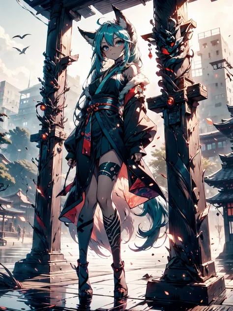 Miku Hatsune, add high definition_Detail:1, blue fur,kitsune ears, tribal tattoo add_Detail:1, pretty girl add_Detail:1, Feudal Priestess Clothes Add_Detail:1, Japanese shrine landscape add_Detail:1, Add Japanese Shrine Costume_Detail:1, bare left leg add_...