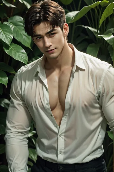 Overgrown Greenhouse
"In an overgrown greenhouse where nature has taken over, a tall, muscular man with flawless white skin stands confidently among the lush foliage. (His short hair is styled in a way that complements his rugged features, and he wears a f...