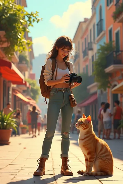 Plaza, Young woman in pants, coffee boots, with a video camera, cat sitting next to him, Cat oblivious to the camera, sunny summer afternoon, ((masterpiece, highest quality, The best image quality, high resolution, realistic, RAW photos, 8K, Síntesis CG al...