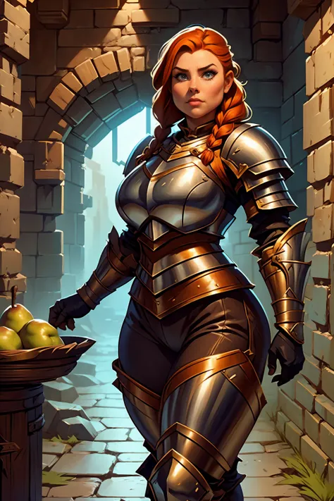 stocky ginger female dwarven adventurer, dramatic lighting, breastplate armor, long braided hair, fat, busty, standing in a dung...