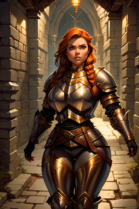 stocky ginger female dwarven adventurer, dramatic lighting, breastplate armor, long braided hair, fat, busty, standing in a dung...