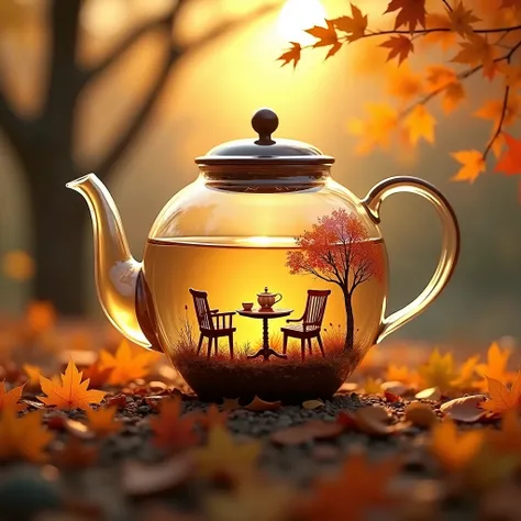 Autumn mood. Sunny autumn. Against the background of yellow and red autumn leaves stands a beautiful spherical glass teapot, and inside it is a miniature composition:
- a table with chairs. On the table is a coffee set.
The stage is illuminated by a magica...