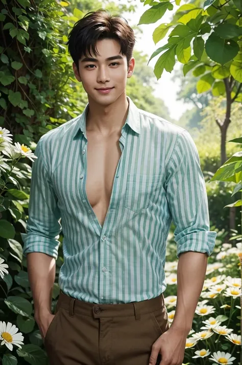 Lush Flower Garden
"In a vibrant flower garden bursting with colors, a tall, lean, and muscular man with smooth white skin stands confidently among blooming roses and daisies. (His short hair is neatly styled, and he wears a fitted, partially unbuttoned li...