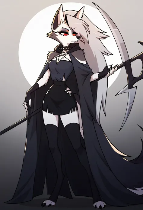 score_9, score_8_up, BREAK, source_anime, (1girl, solo), perfect body, slim, thigh highs, fingerless gloves,
anthro, robe, furry, pose, sexy, black cape and cloak, hood up, holding scythe
Loona (Helluva Boss), 