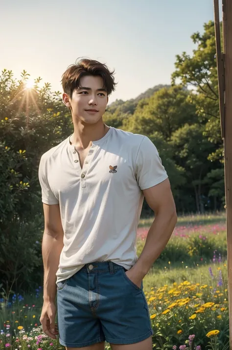 Wildflower Meadow
"In a sprawling wildflower meadow filled with vibrant blooms and buzzing bees, a tall, muscular man with flawless white skin stands confidently in the middle of the colorful landscape. (His short hair is tousled by the wind, and he wears ...