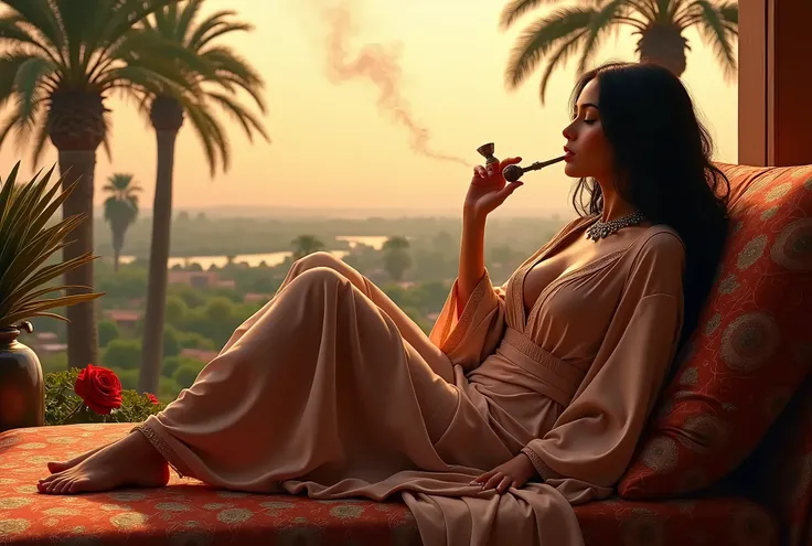 Cette photo capture une belle scène, avec des détails plus que merveilleux, dune belle femme arabe, ses doux cheveux noirs couvrant ses épaules, portant un caftan marocain sexy, les pieds nus, et allongée sur le canapé surplombant une oasis de palmiers, fu...