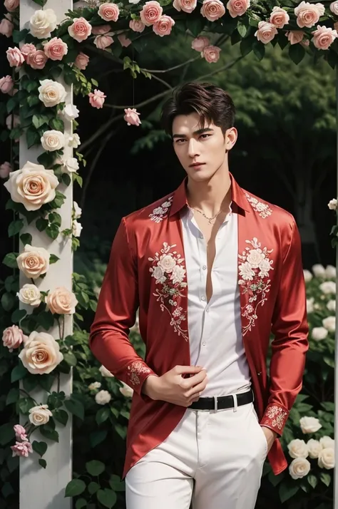 Rose Garden at Dusk
"In a romantic rose garden just before dusk, where the petals glow softly in the fading light, a tall, muscular man with flawless white skin stands confidently by a trellis draped in climbing roses. (His short hair is tousled, and he we...