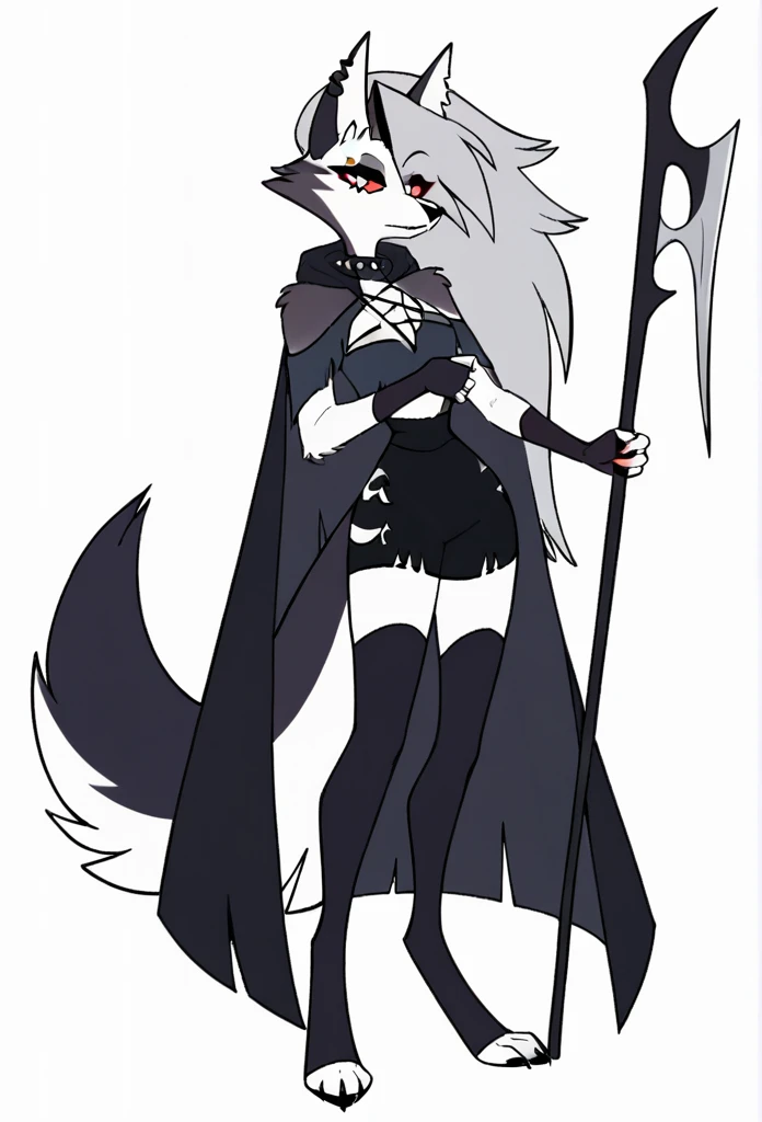 score_9, score_8_up, BREAK, source_anime, (1girl, solo), perfect body, slim, thigh highs, fingerless gloves,
anthro, robe, furry, cape covering full body, pose, sexy, black cape and cloak, hood up, holding scythe
Loona (Helluva Boss), 