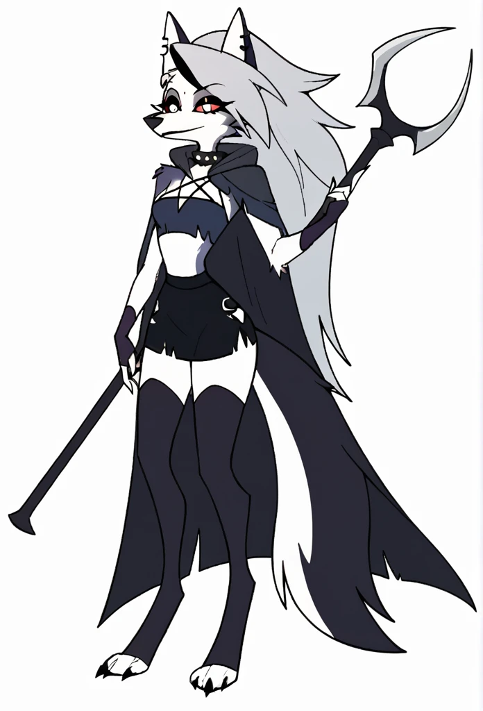 score_9, score_8_up, BREAK, source_anime, (1girl, solo), perfect body, slim, thigh highs, fingerless gloves,
anthro, robe, furry, cape covering full body, pose, sexy, black cape and cloak, hood up, holding scythe
Loona (Helluva Boss), 