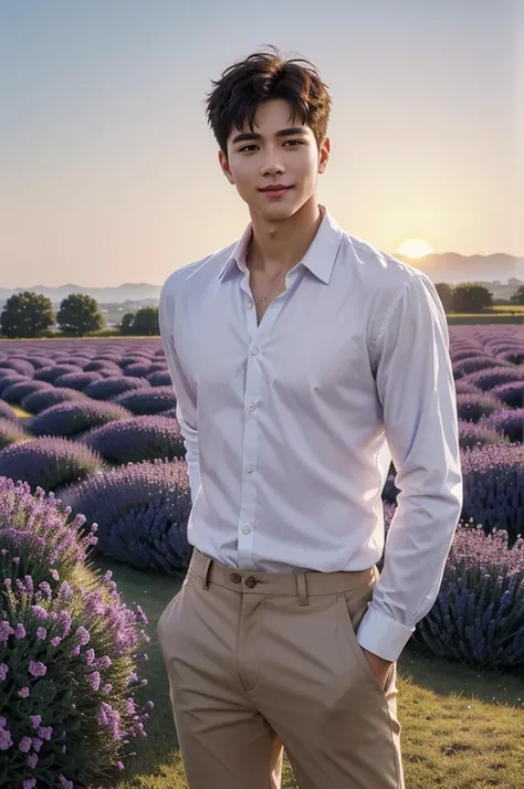 Lavender Field
"In a vast lavender field stretching to the horizon, a tall, muscular man with flawless white skin stands confidently among the fragrant blooms. (His short hair is neatly styled, and he wears a fitted, partially unbuttoned light purple color...