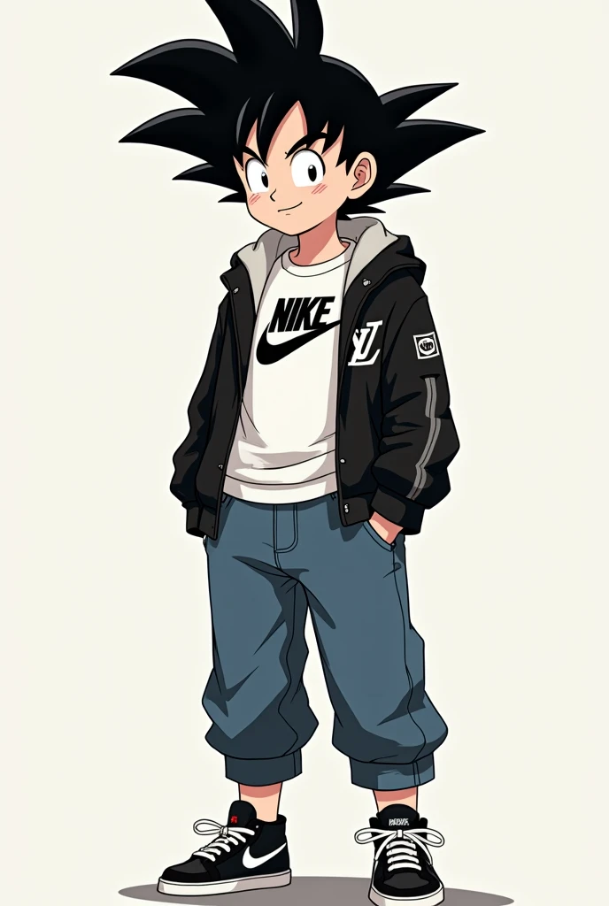 Make a goku anime with slim body and cute face  , white black hair in jeans and Nike sneakers and black louis vuitton jacket  underneath of it a Nike white coloured tshirt with LGSamrat as written and black and white Nike sneakers
